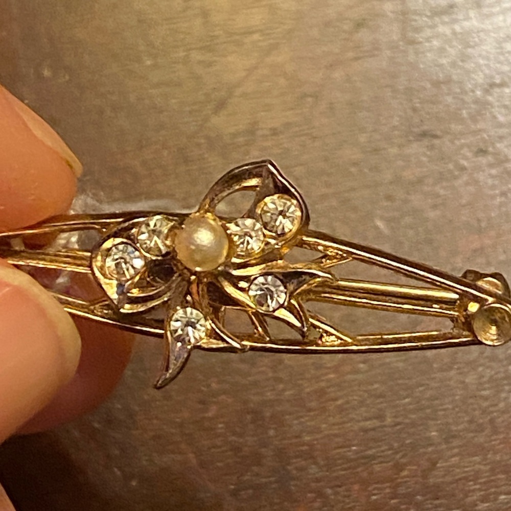 Coro Gold and Silver Brooch with Pearl bow and Crystal Accents